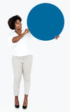 Cheerful Businesswoman Holding A Blue Round Board