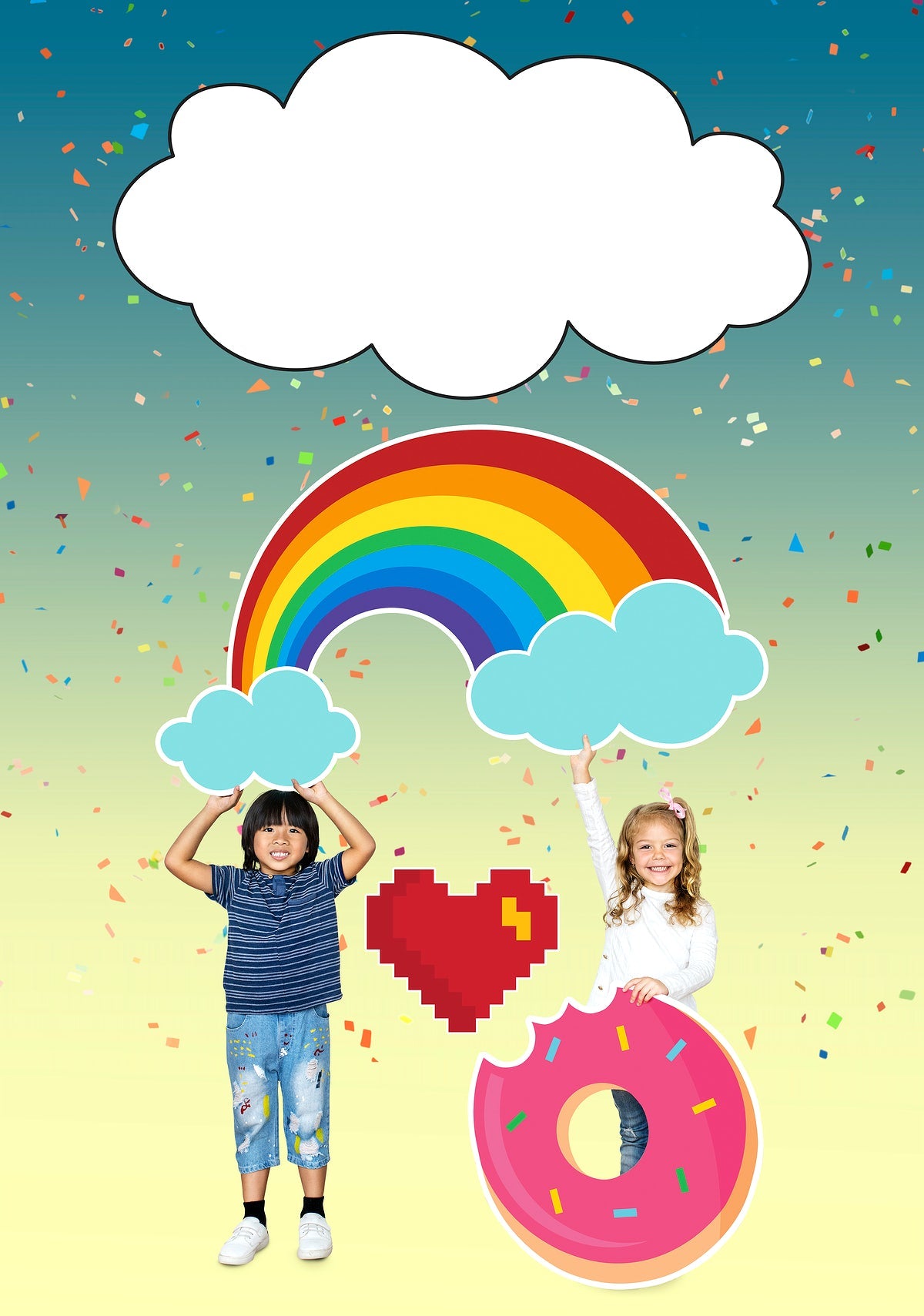 Cheerful Kids With A Rainbow And A Donut Icon