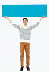 Cheerful Man Holding A Blank Blue Banner