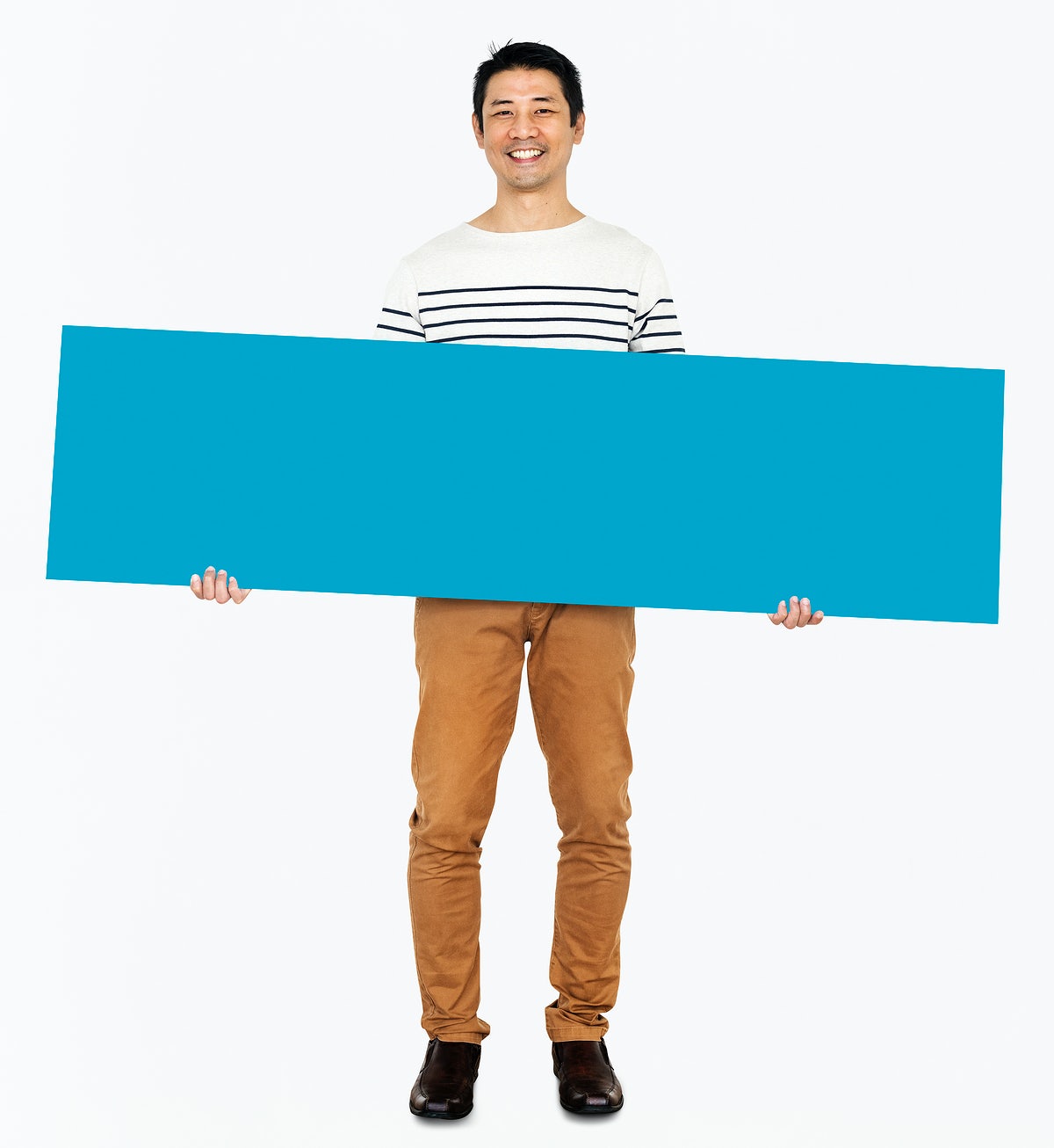 Cheerful Man Holding A Blank Blue Banner