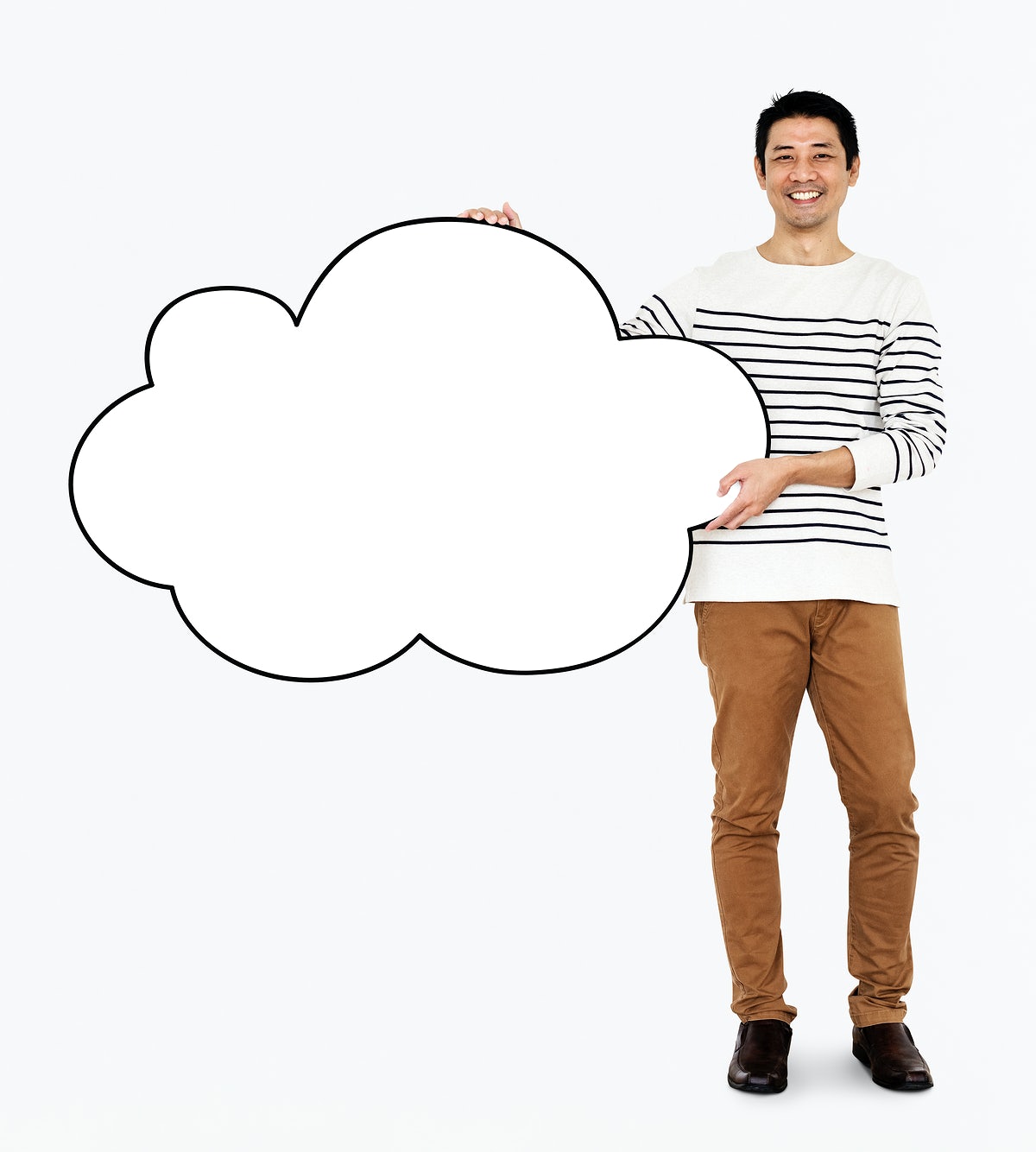 Cheerful Man Holding A Blank White Cloud