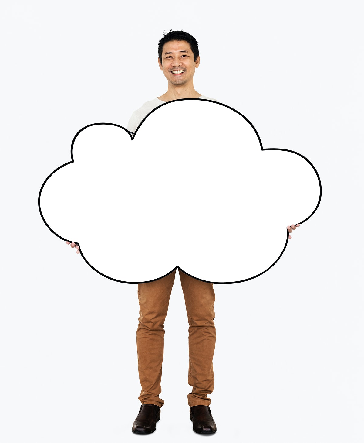 Cheerful Man Holding A Blank White Cloud
