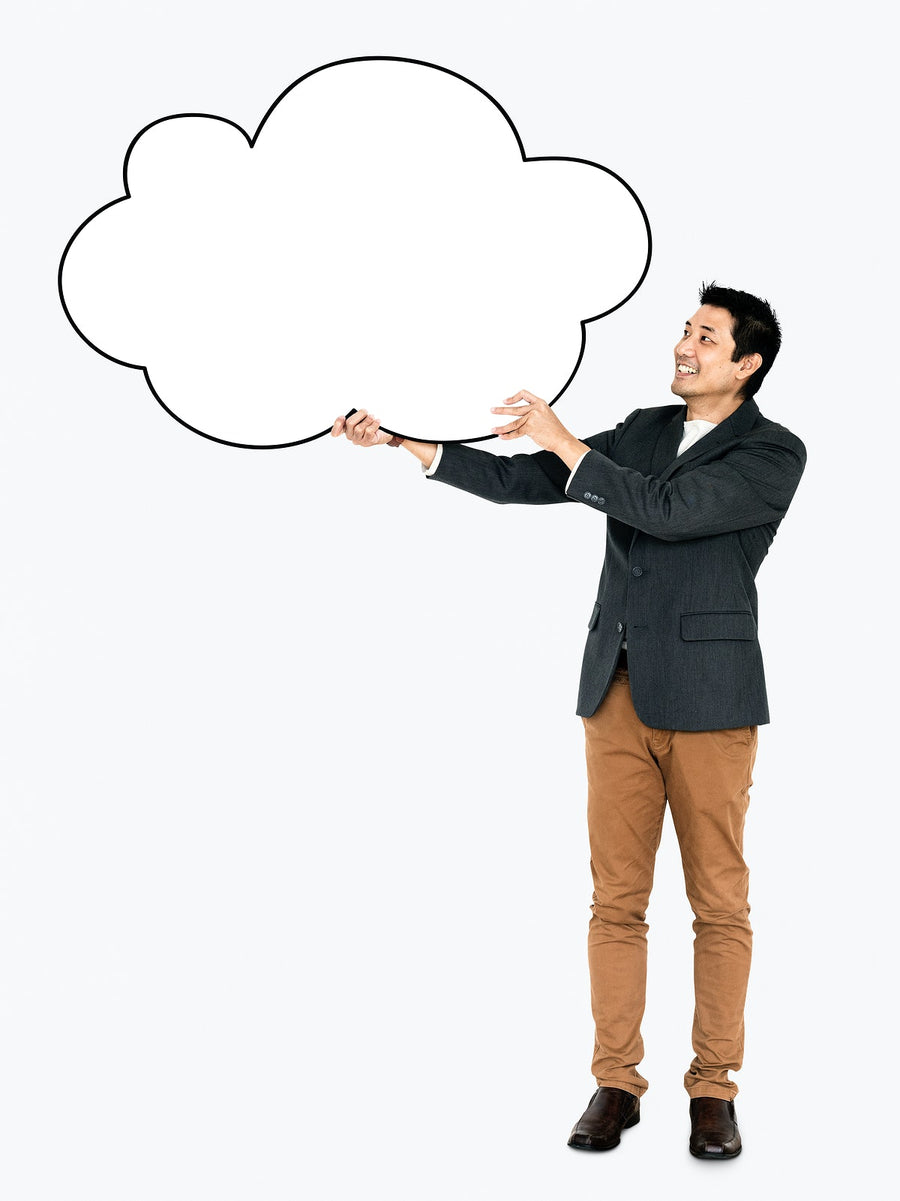 Cheerful Man Showing A Blank Cloud Shaped Board