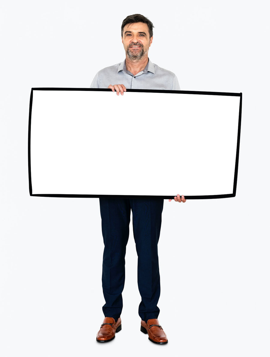 Cheerful Man Showing A Blank White Banner