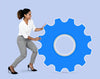 Cheerful Woman Rolling A Blue Gear Icon