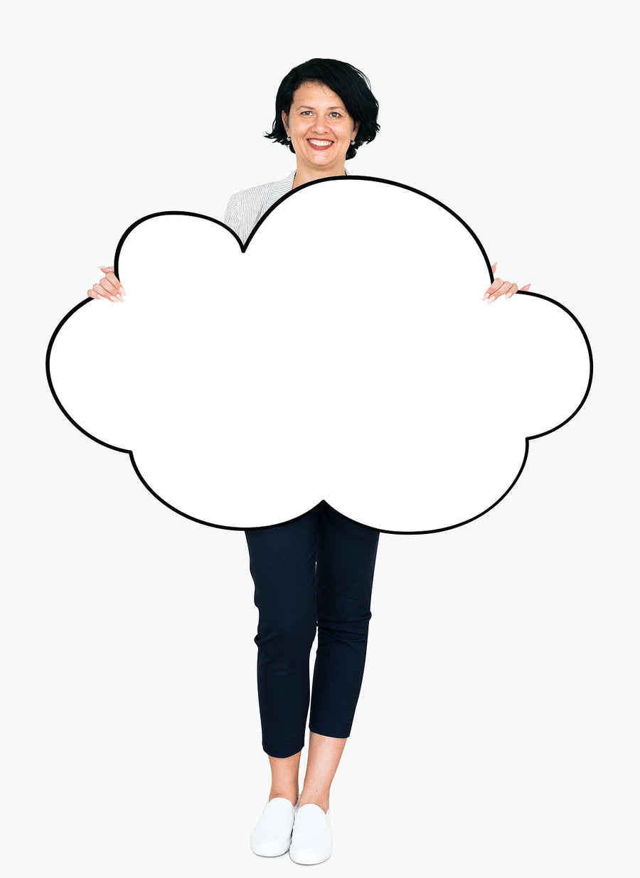 Cheerful Woman Showing A Blank White Cloud