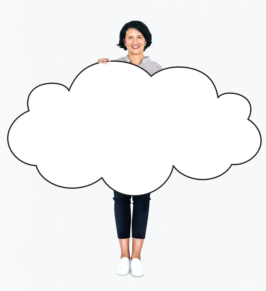 Cheerful Woman Showing A Blank White Cloud