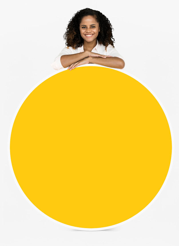 Cheerful Woman Showing A Round Board Psd