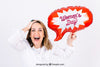 Cheerful Woman With Speech Bubble Balloon For Event Psd