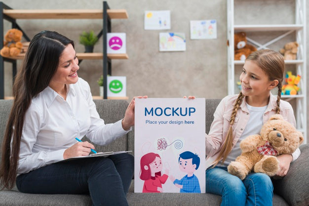 Child And Woman Holding A Mock-Up Clipboard Medium Shot Psd