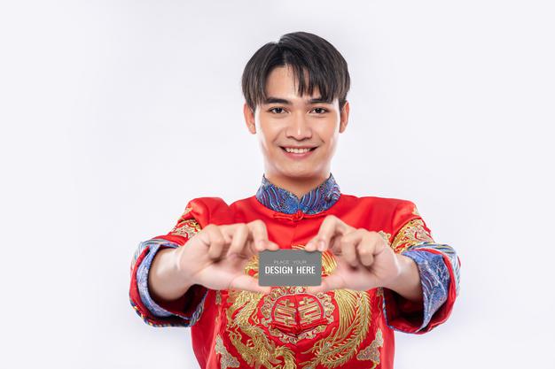 Chinese Man Hold Blank Credit Card Mockup Psd