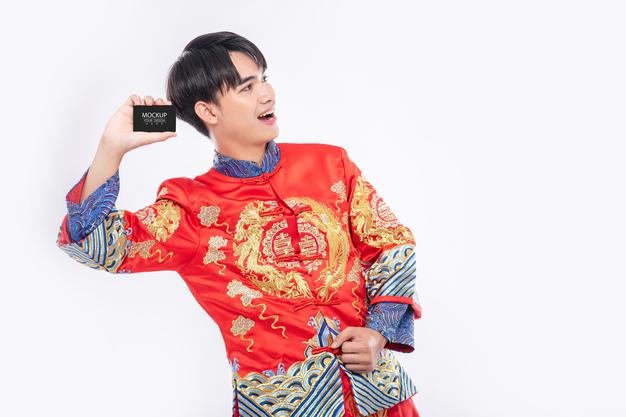 Chinese Man Hold Blank Credit Card Mockup Psd