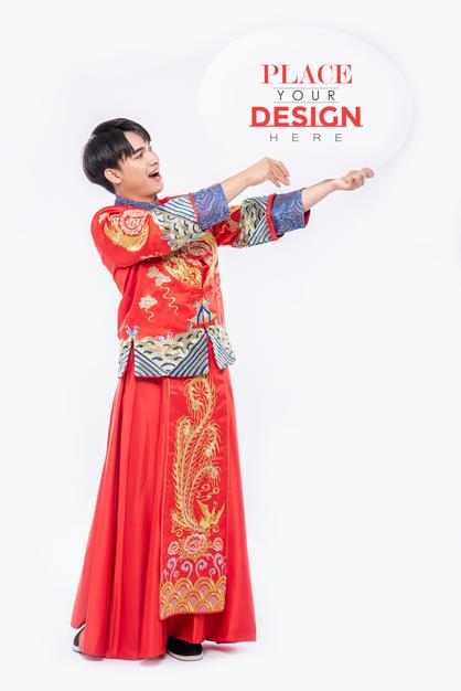 Chinese Man Hold Blank Speech Bubble Mockup Psd