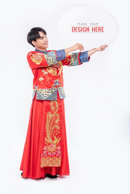 Chinese Man Hold Blank Speech Bubble Mockup Psd