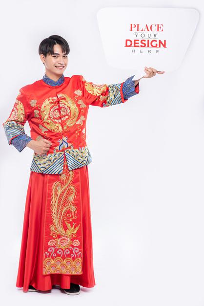 Chinese Man Hold Blank Speech Bubble Mockup Psd