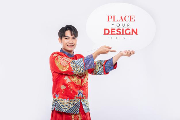 Chinese Man Hold Blank Speech Bubble Mockup Psd