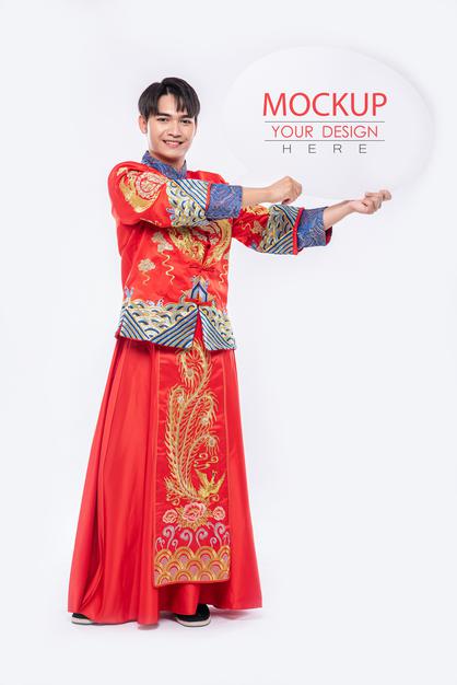 Chinese Man Hold Blank Speech Bubble Mockup Psd