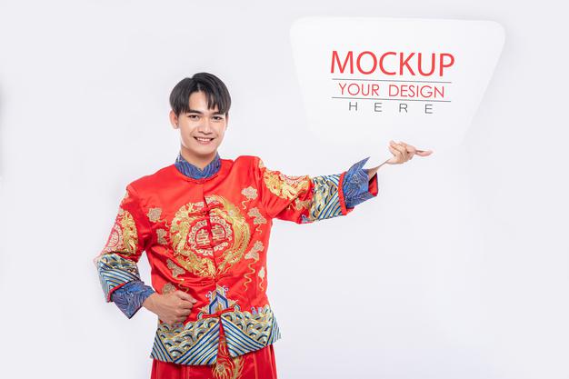 Chinese Man Hold Blank Speech Bubble Mockup Psd