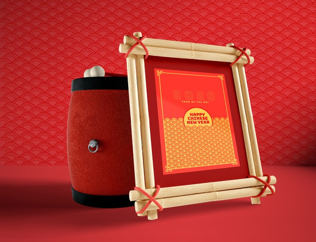 Chinese New Year Illustration With Drum And Frame Mock-Up Psd