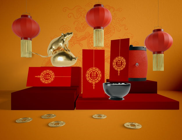 Chinese New Year Illustration With Greeting Cards And Golden Rat Psd