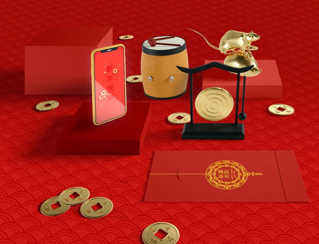 Chinese New Year Illustration With Phone And Golden Rat Psd