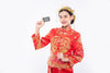 Chinese Woman Hold Blank Credit Card Mockup Psd