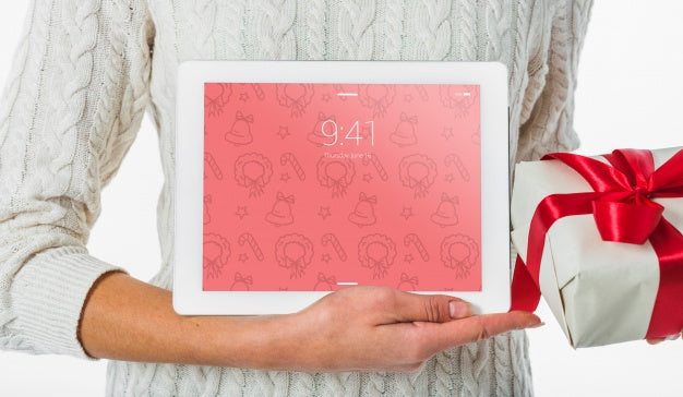 Christmas Concept With Woman Holding Tablet Mockup Psd