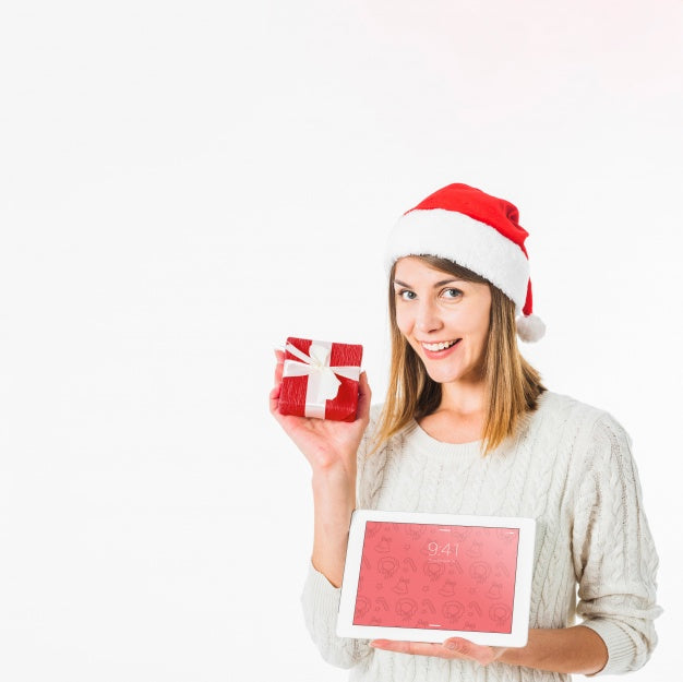 Christmas Concept With Woman Holding Tablet Mockup Psd