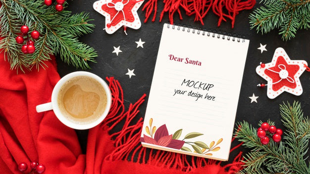 Christmas Eve Elements Composition With Notepad Mock-Up Psd