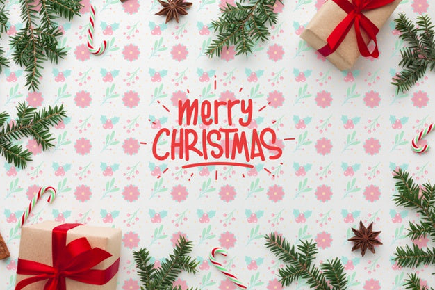 Christmas Gift Boxes On Floral Background Top View Psd