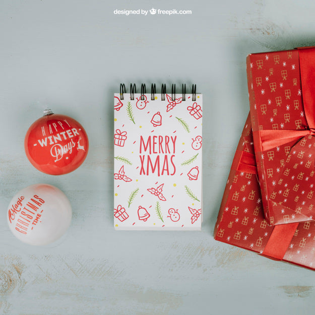 Christmas Mockup With Notepad And Gift Boxes Psd