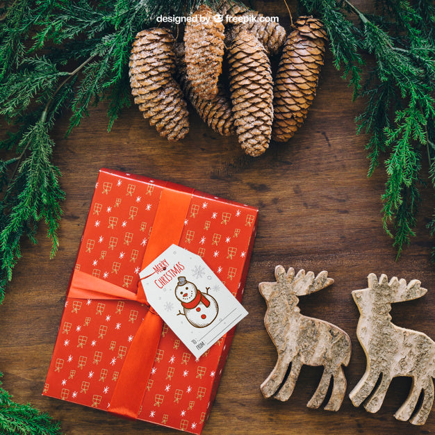 Christmas Mockup With Present And Reindeers Psd