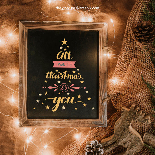Christmas Mockup With Slate And Lights Psd