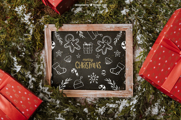 Christmas Mockup With Slate And Presents Psd