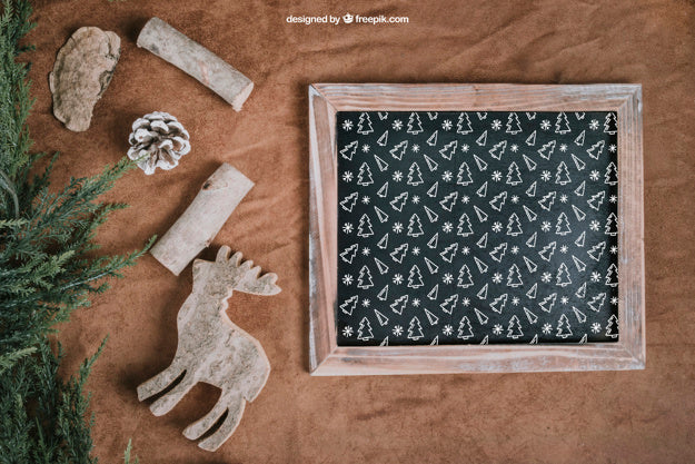 Christmas Mockup With Slate And Reindeers Psd