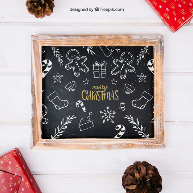Christmas Mockup With Slate Between Presents Psd