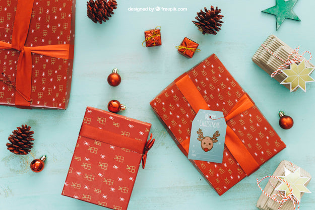 Christmas Mockup With Three Presents Psd