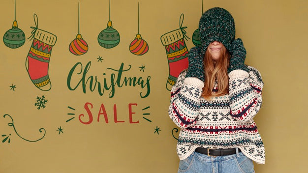 Christmas Sale And Woman Covering Her Face With A Hat Psd