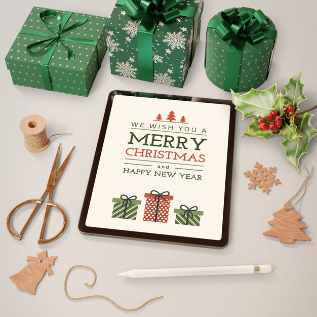 Christmas Theme On Tablet And Gifts Psd
