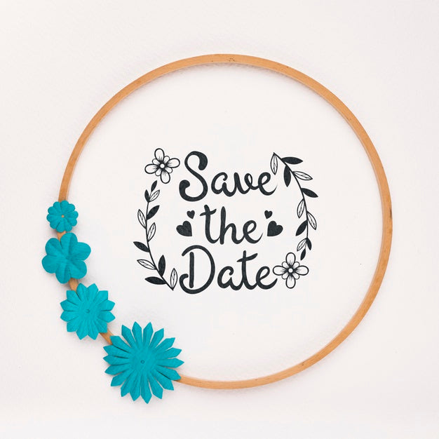 Circular Frame With Blue Flowers Save The Date Mock-Up Psd