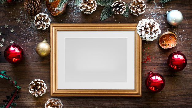 Classic Gold Frame Mockup With Christmas Decorations On Wooden Background Psd