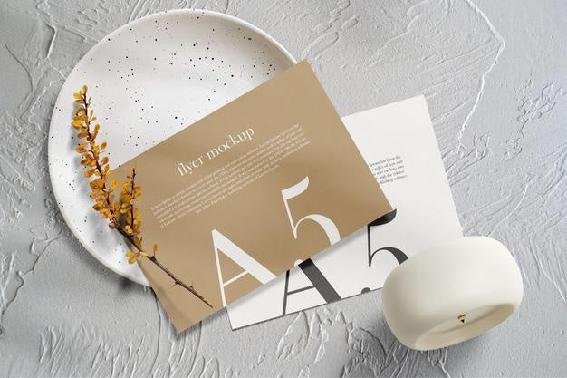 Clean Minimal A5 Flyer Mockup On Plate With Plant And Clock Background. Psd File. Psd
