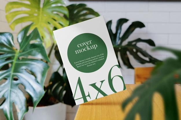 Clean Minimal Book 4X6 Mockup On Wooden Top Table With Leaves Background. Psd File. Psd