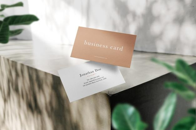 Clean Minimal Business Card Mockup Floating On Cement Bench With Leaves Background. Psd File. Psd
