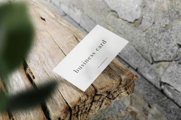 Clean Minimal Business Card Mockup Floating On Top Wooden Bench With Leaves Background. Psd File. Psd