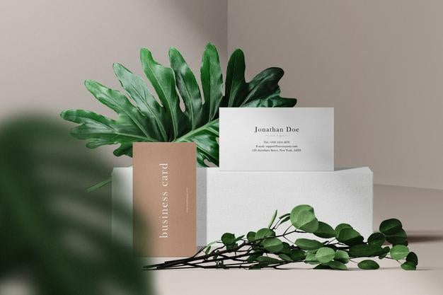 Clean Minimal Business Card Mockup On Stone With Plant And Leaves Background. Psd File. Psd