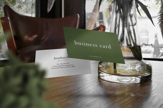 Clean Minimal Business Card Mockup On Top Wooden Table With Vase Background. Psd File. Psd