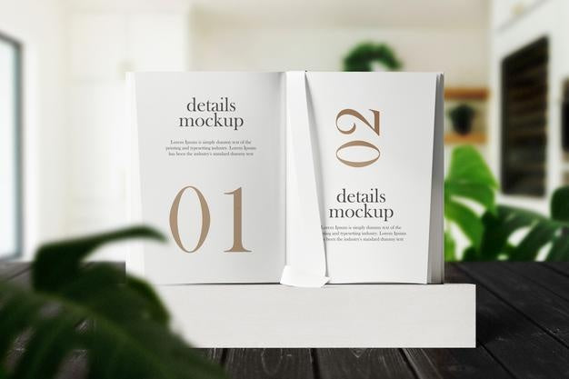 Clean Minimal Inner Book 4X6 Mockup On Paper Fold With Dry Plant Background. Psd File. Psd