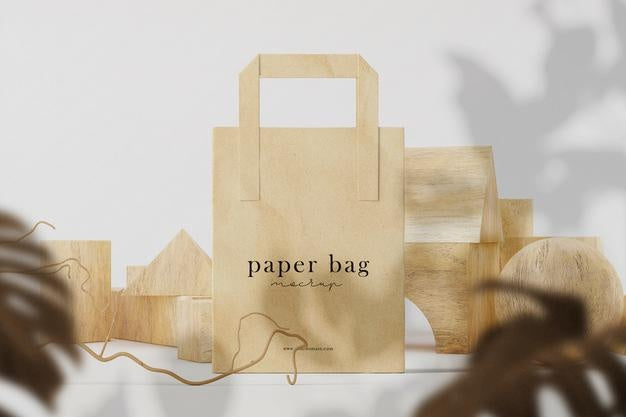Clean Minimal Paper Bag Mockup On Front Wooden Block And Leaves Background. Psd File. Psd