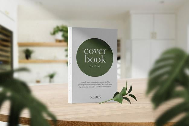 Clean Minimal Photo Book 5.5X8.5 Mockup Standing On Top Table With Vase Background. Psd File. Psd